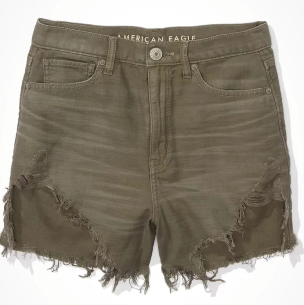 AEO Olive Green Highest Waist Denim Mom Shorts size 6 Raw Hem